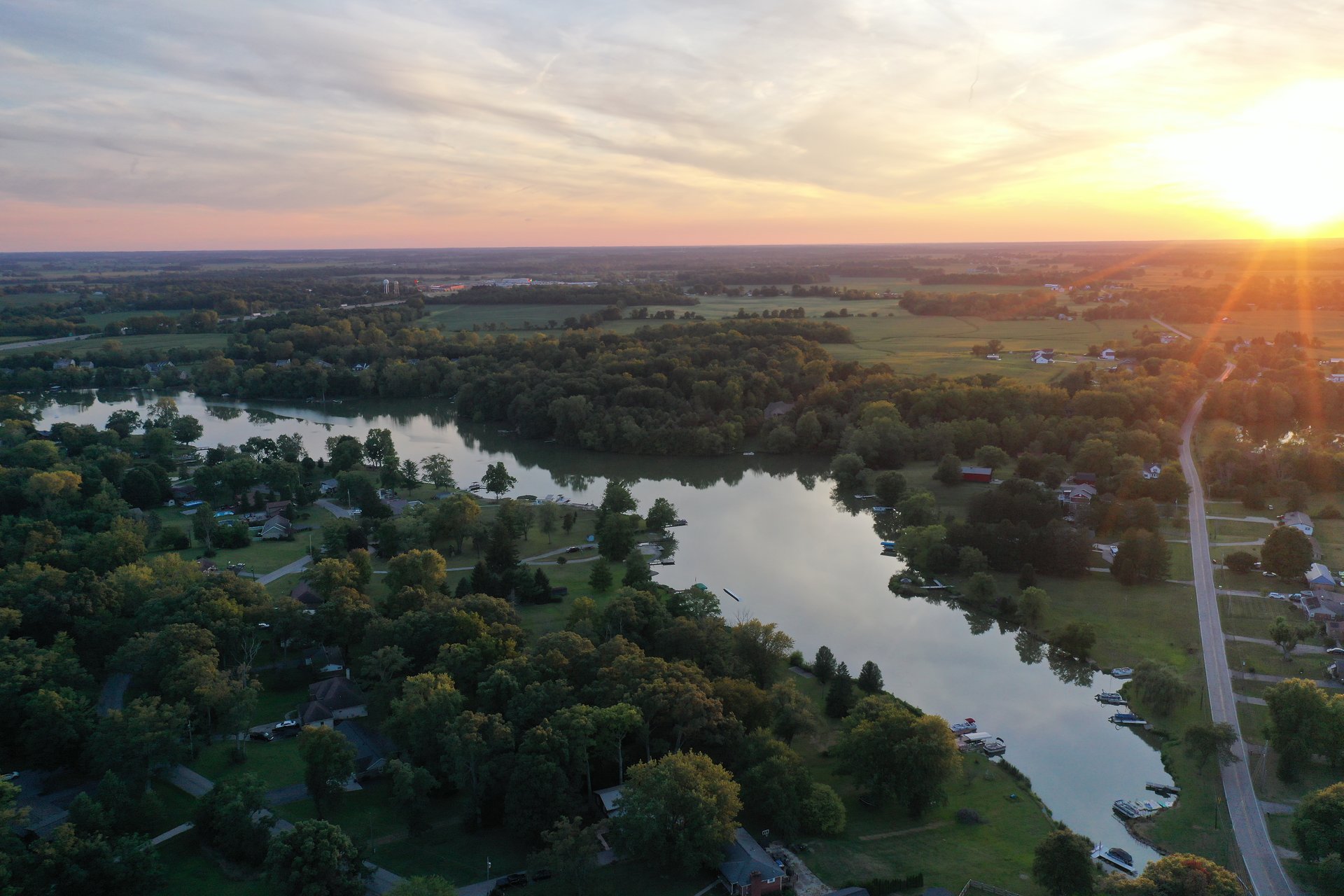 Aerial view of Lake Sylvan at sunset