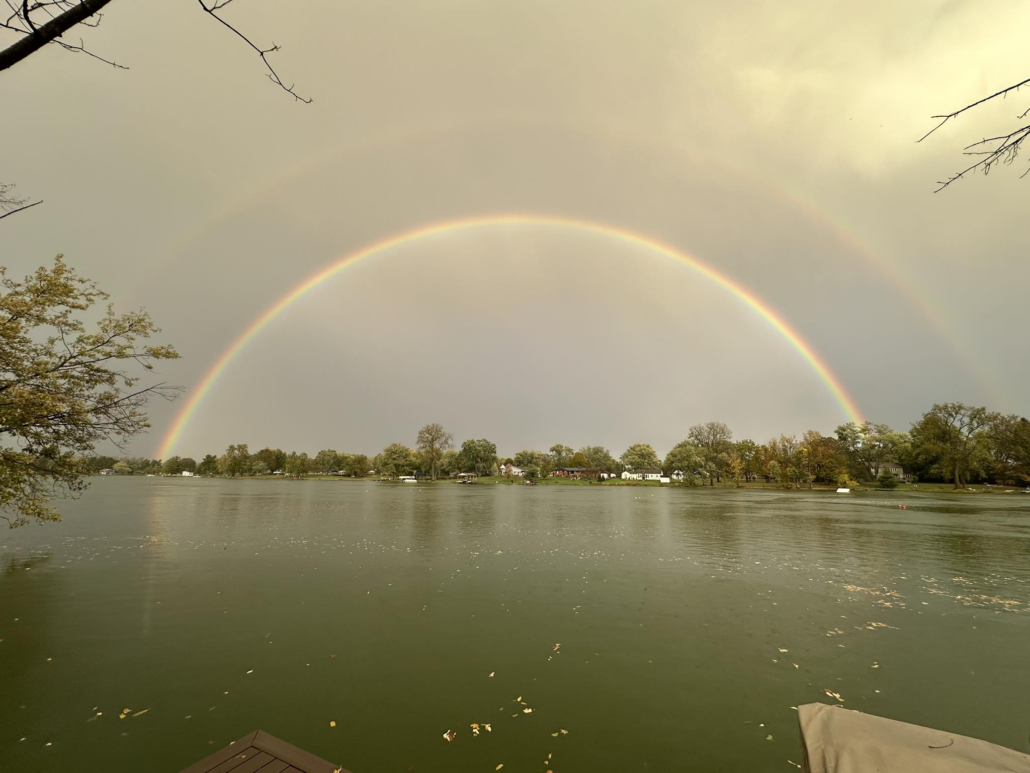 Double rainbow over Lake Sylvan in autumn